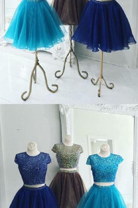 Beautiful Two Piece Stunning Two Piece Jewel Cap Sleeves Short Royal Blue Organza Homecoming Dress Beaded M8230