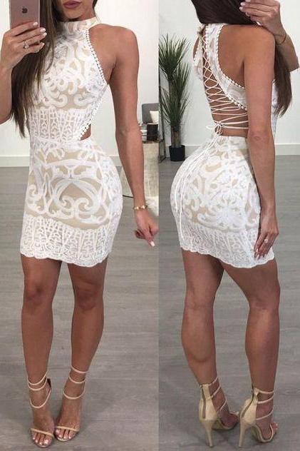 Appliqued Lace Up Halter Cocktail Party Bodycon Dress Homecoming Dress M8270
