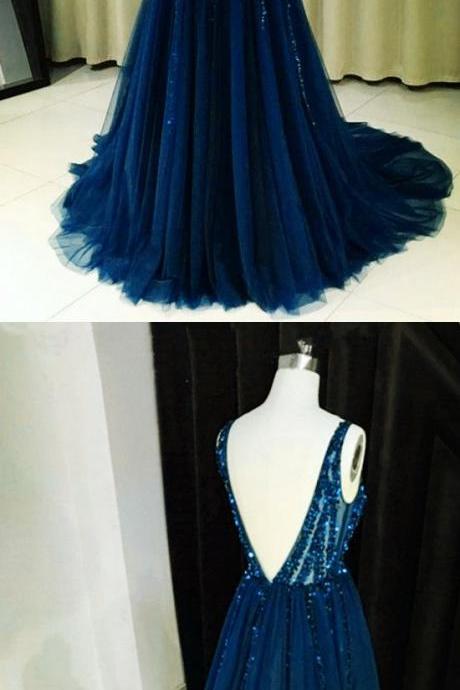 Navy Blue Evening Gown Long Tulle V Neck Prom Dress Sequin Beaded M8307