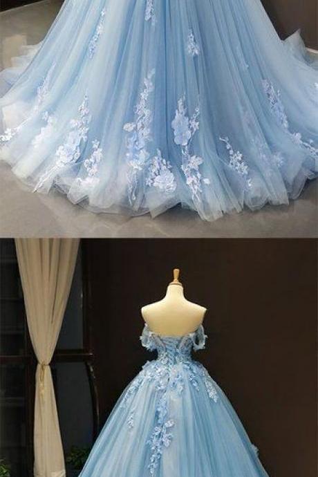 Blue Off Shoulder Tulle Lace Long Prom Dress, Blue Evening Dress M8321