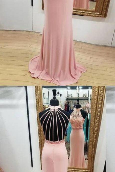 Pink Mermaid Lace Long Prom Dress, Pink Mermaid Evening Dress, Pink Formal Dress M8322