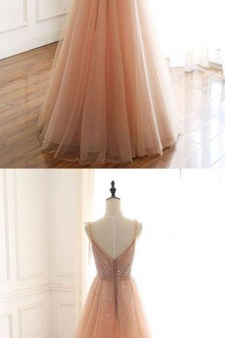 Champagne Tulle Beads Sequin Long Prom Dress, Evening Dress, Formal Dress M8326