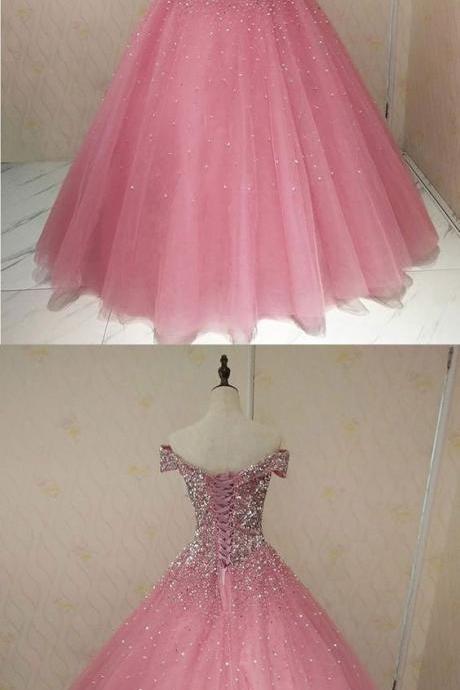 Pink Sweetheart Neck Tulle Sequin Long Prom Dress, Sweet 16 Dress, Pink Tulle Sequin Formal Dress M8328