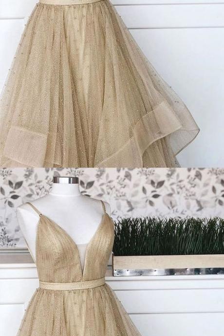 Champagne Tulle Long Prom Dress, Champagne Tulle Formal Dress M8329