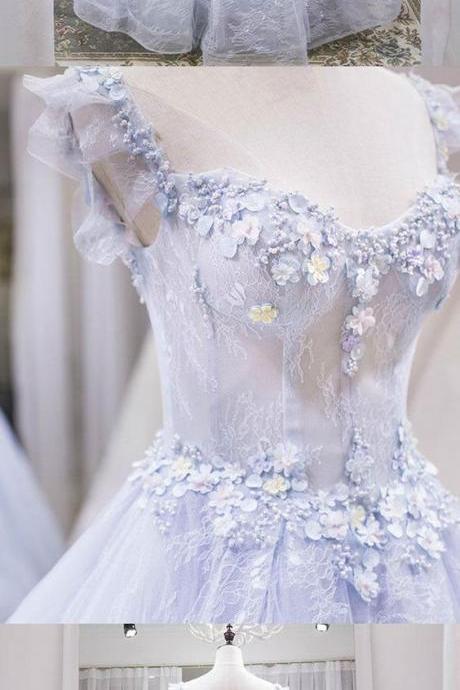 Light Blue Tulle Lace Long Prom Dress, Blue Evening Dress M8332