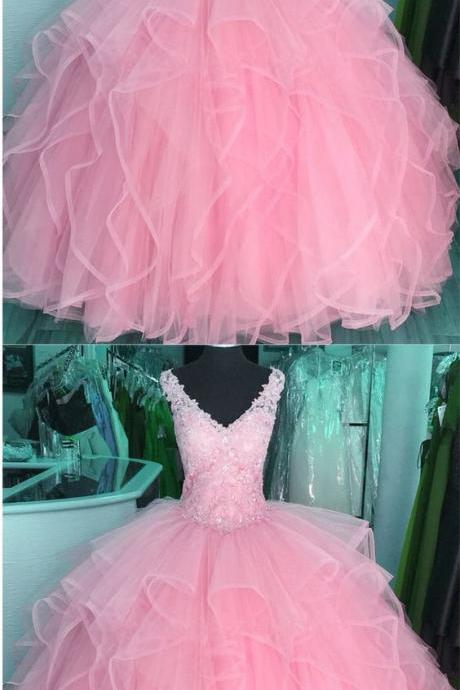 Elegant Lace Appliques V-neck Ruffles Ball Gowns Quinceanera Dresses Blush Pink M8336
