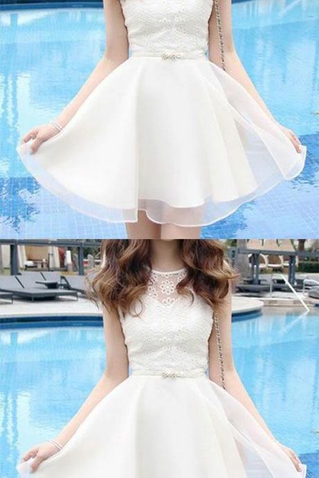 A-line Bateau Short White Organza Homecoming Dress With Lace M8340