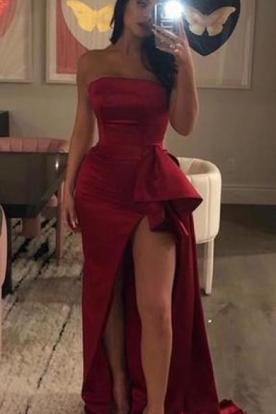 Sexy Red Strapless High Slit Sleeveless Long Evening Dresses Prom Dresses M8357