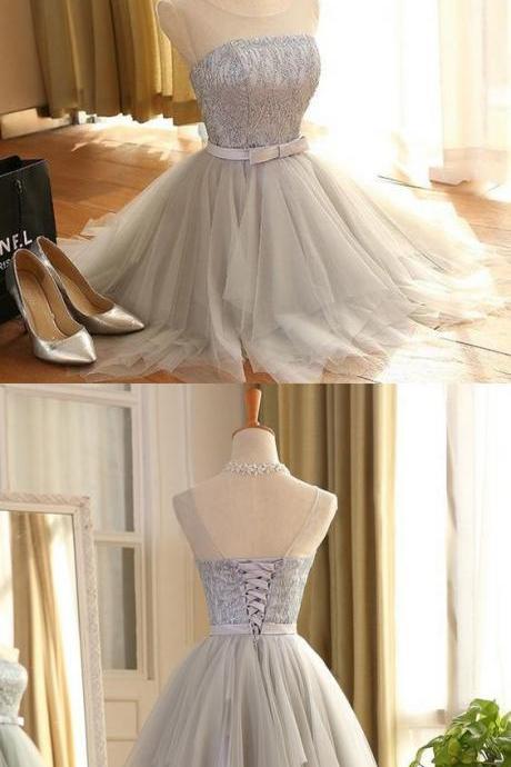 A-line Spaghetti Straps Short White Satin Homecoming Dress With Lace M8358