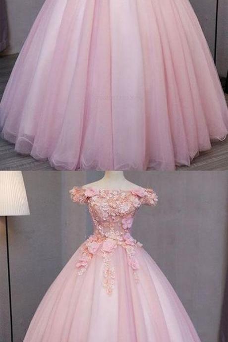 Elegant Pink Floor Length Evening Dress, Pink Appliques Tulle Prom Dress, Ball Gowns, Sweet 16 Dress M8368