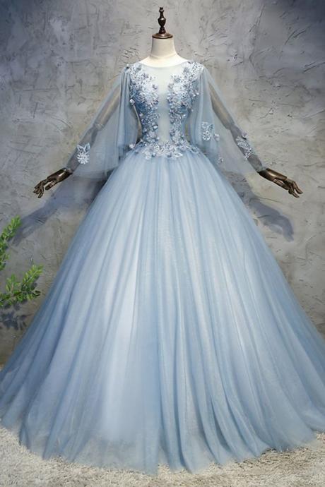 Blue Grey Tulle Scoop Neck Long Beaded Formal Prom Dress With Sleeves M8371