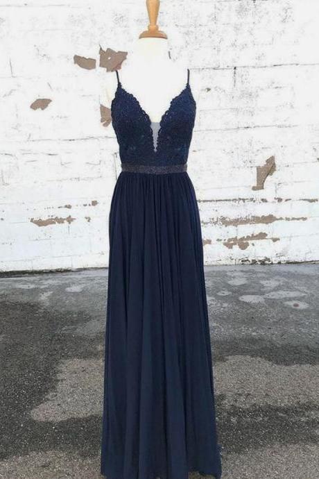 Elegant A Line V Neck Open Back Chiffon Navy Long Prom Dresses With Appliques, Long Homecoming Dresses M8377