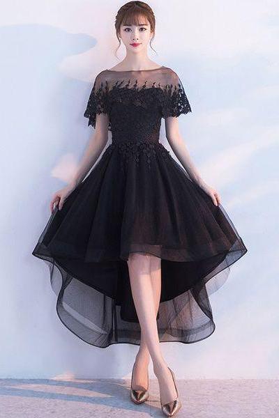 Black Homecoming Dress Applique Sleeveless Tulle Party Dresses Strapless A Line High Low Asymmetrical Prom Dresses M8379