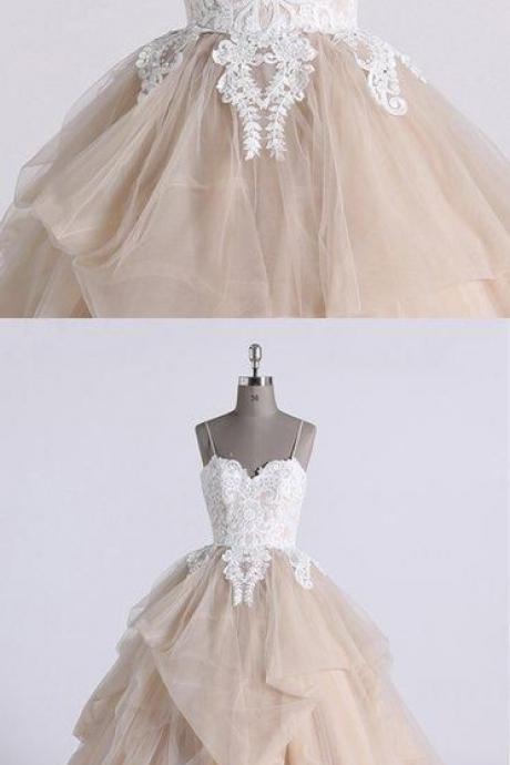 Champagne Sweetheart Tulle Lace Long Prom Dress, Tulle Formal Dress, Tulle Evening Dress M8385