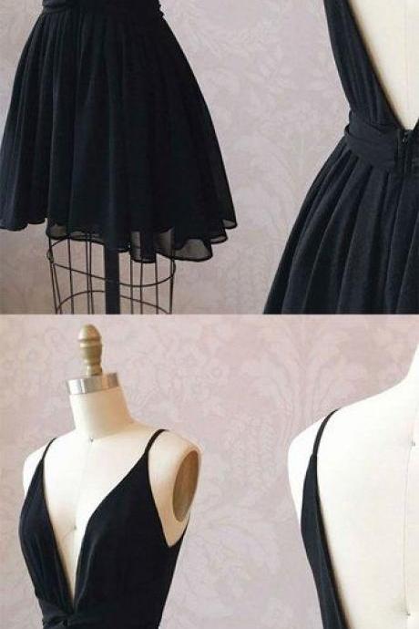 Black V Neck Chiffon Short Prom Dress, Black Homecoming Dress, Black Evening Dress M8386