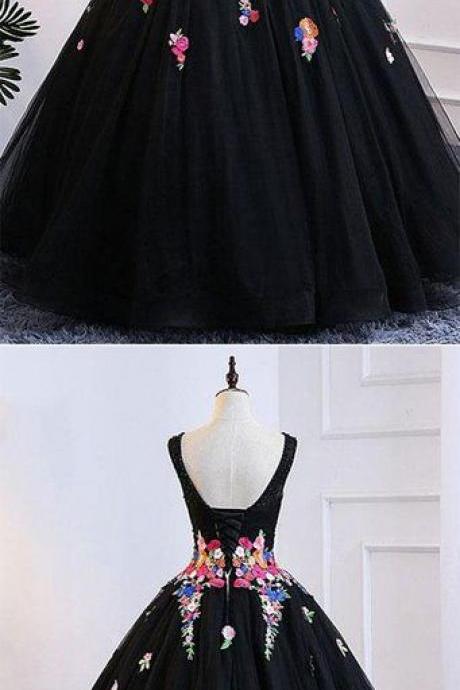 Black Tulle Lace Long Prom Dress, Black Tulle Formal Dress M8388