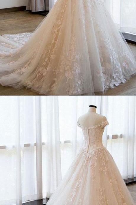 Champagne Tulle Lace Long Wedding Gown, Champagne Wedding Dress M8393