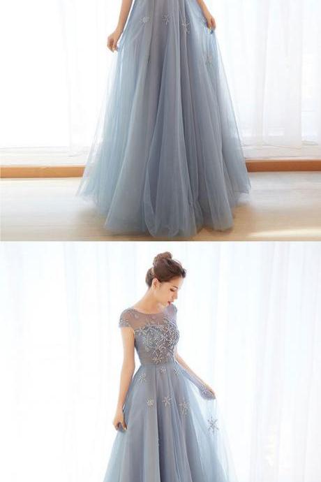 Gray Blue Tulle Long Prom Dress, Gray Blue Evening Dress M8394