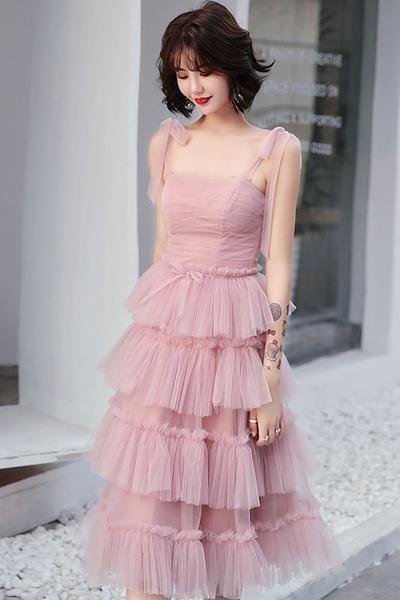 Simple Pink Tulle Short Prom Dress, Pink Homecoming Dress M8395