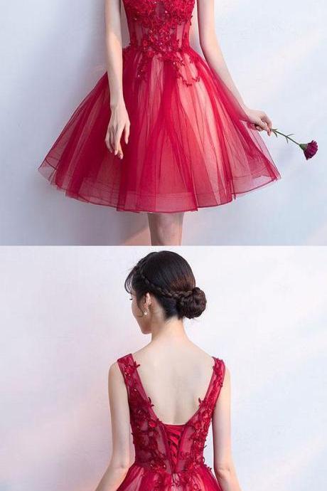 Burgundy V Neck Tulle Lace Short Prom Dress, Burgundy Homecoming Dress M8396
