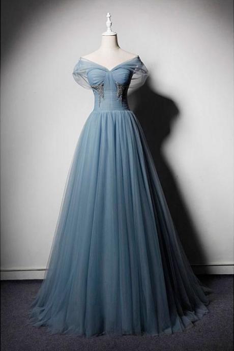 Blue Tulle V Neck Off Shoulder Long Senior Prom Dress, Evening Dress M8403