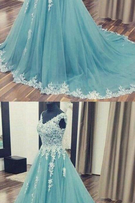 Elegant Ball Gown V Neck Open Back Teal Tulle White Lace Long Prom Dresses With Train, Beautiful Evening Dresses M8405