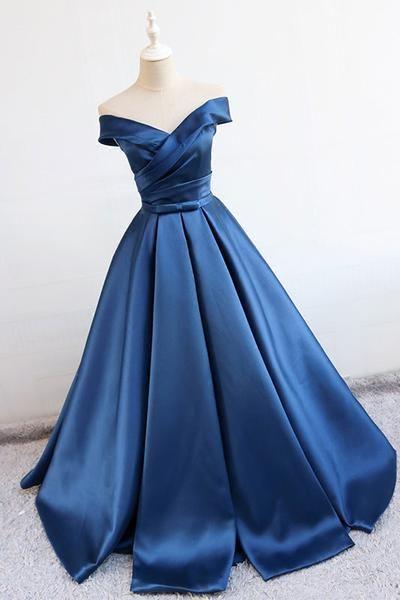 Simple Blue Satin Long Prom Dress, Blue Formal Dress M8414