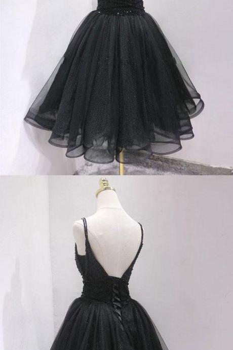 Black Tulle Beads Short Prom Dress, Black Homecoming Dress M8416
