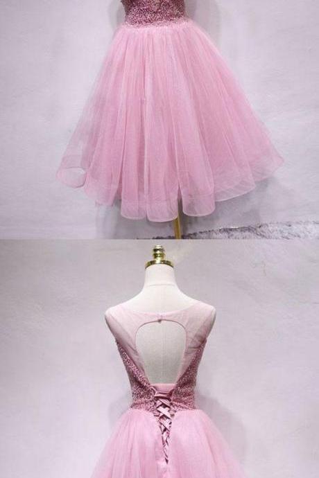 Pink Tulle Sequin Short Prom Dress, Pink Homecoming Dress M8418