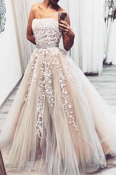 Champagne Tulle Lace Long Prom Dress, Tulle Lace Evening Dress M8419