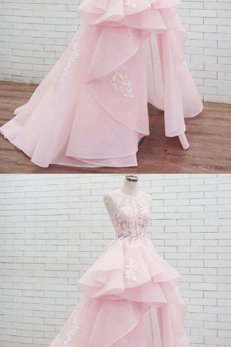 Pink Lace Tulle Long Prom Dress, Pink Tulle Evening Dress M8423
