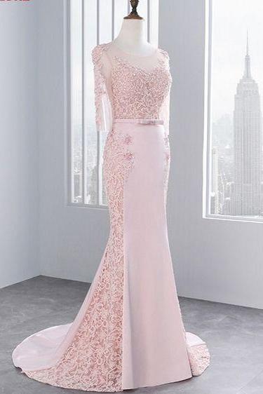 Pink,middle Sleeves, Lace Prom Dresses, Mermaid Party Evening Dress For Graduation,floor Length Formal Dress M8426