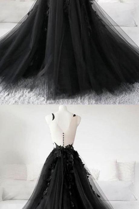 Black Tulle Appliqué Long Prom Dress, Black Evening Dress M8428