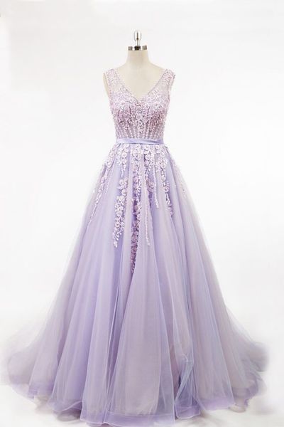 Princess V-neck Evening Gowns,sexy Ball Gowns, Custom Made Prom, Fashion, Tulle Floor-length Appliques Lace Prom Dresses M8430