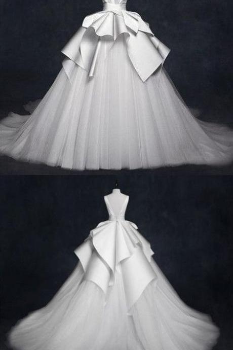 V Neck Sleeveless Stain Wedding Dresses,a Line Tulle Bridal Dresses M8441