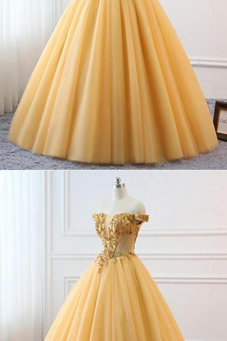 Gold Tulle Off Shoulder Corset Custom Size Prom Dress, Beaded Quinceanera Dress M8446