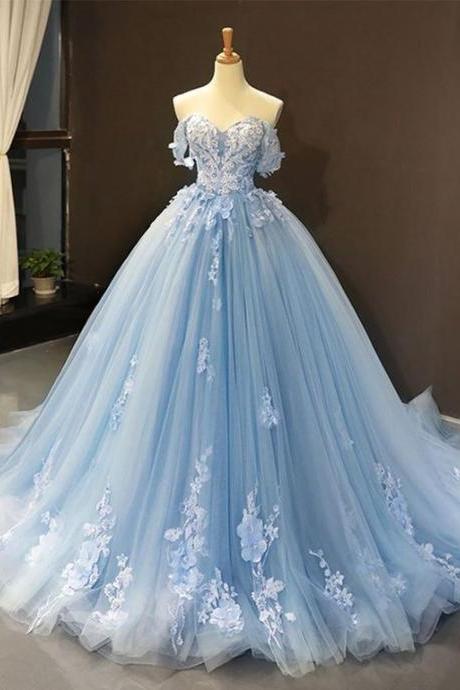 Blue Tulle Lace Long Prom Gown, Blue Evening Dress M8453