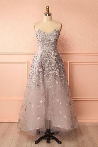 Unique Lace Applique High Low Prom Dress, Applique Evening Dress M8470