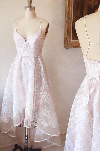 Straps High Low Pink Lace Homecoming Dress M8471