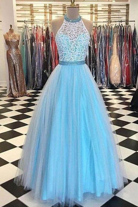 Sleeveless A Line Prom Dresses,halter Lace Bodice Prom Gown,tulle Evening Dresses M8477