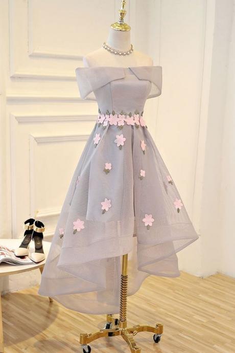 Light Grey Tulle With Flowers High Low Fashionable Party Dress M8481