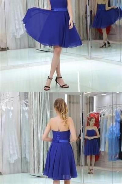 Strapless Sweetheart Simple Blue Chiffon Homecoming Dresses M8485