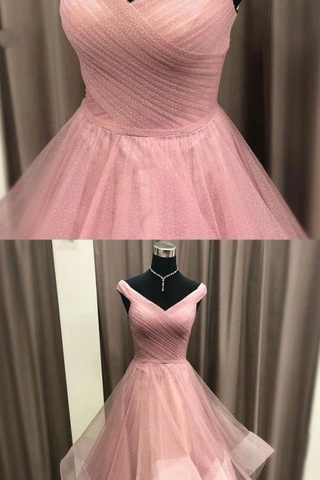 Pink Tulle Off Shoulder Long Prom Dress, Pink Evening Dress, Pink Formal Dress M8488