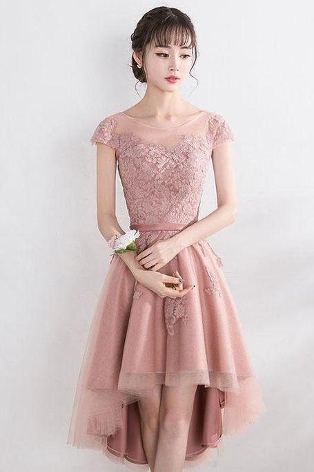 Cut Lace Tulle Short Prom Dress, High Low Evening Dres M8492