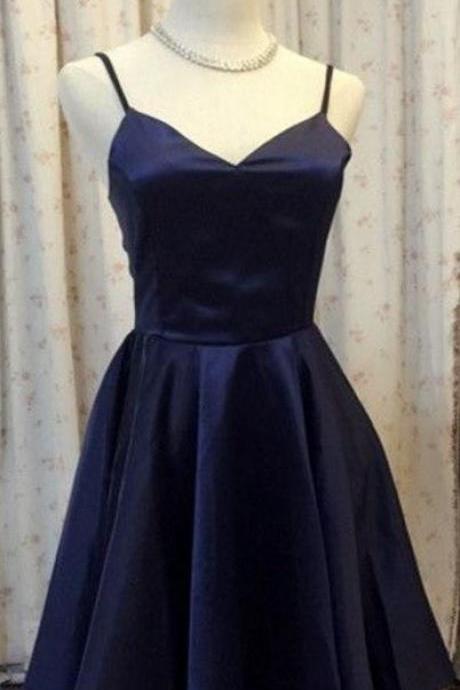 Women's V-neck Homecoming Dresses,navy Blue Satin Prom Gowns Short M8502
