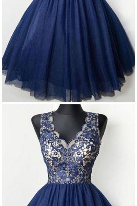 Navy Blue V Neck Lace Homecoming Dresses,sleeveless Cocktail Dresses M8505