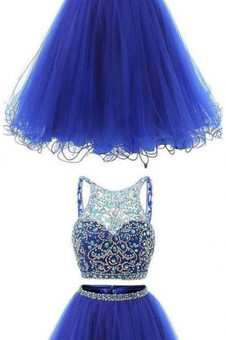 Blue Two Pieces Sleeveless Beaded Homecoming Dresses Short M8510