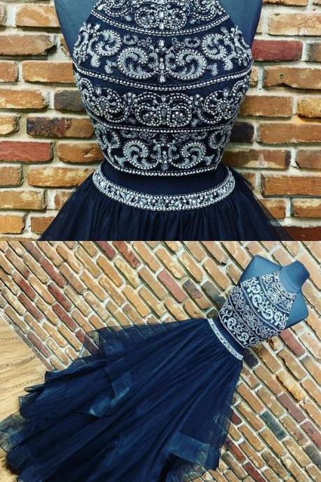 Navy Blue Beaded Two Piece Prom Dress M8515