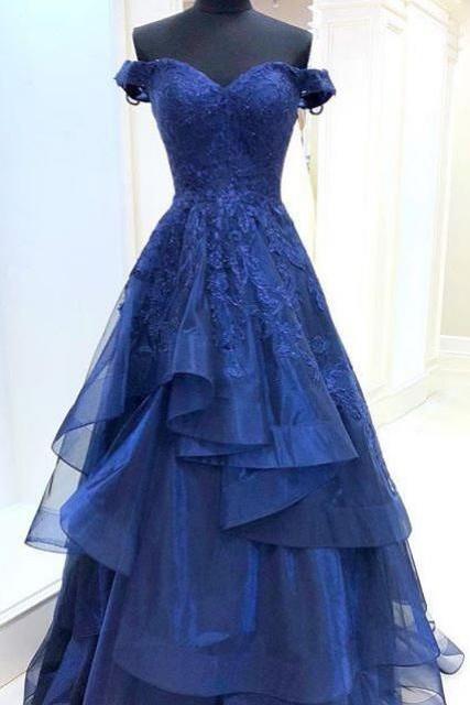 A Line Royal Blue Lace Appliques Sweetheart Beads Long Prom Dresses With Tulle M8538