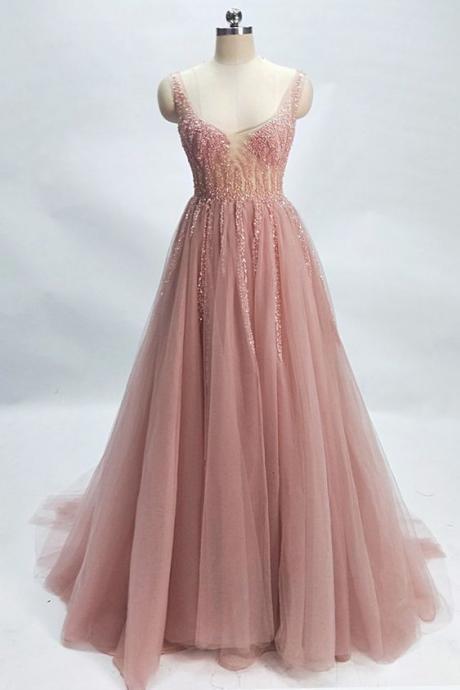 Charming Tulle Appliques Beaded Long Prom Dresses, Formal Evening Dress M8549